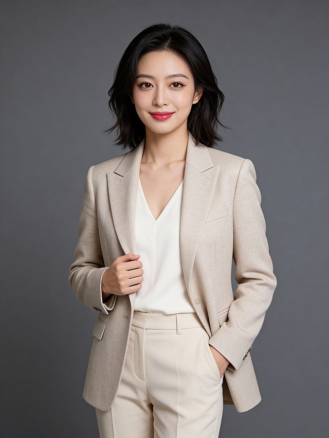 商务优雅风，简约米色西装搭配柔光质感面料，展现现代女性的时尚与自信，实景拍摄凸显高级质感。