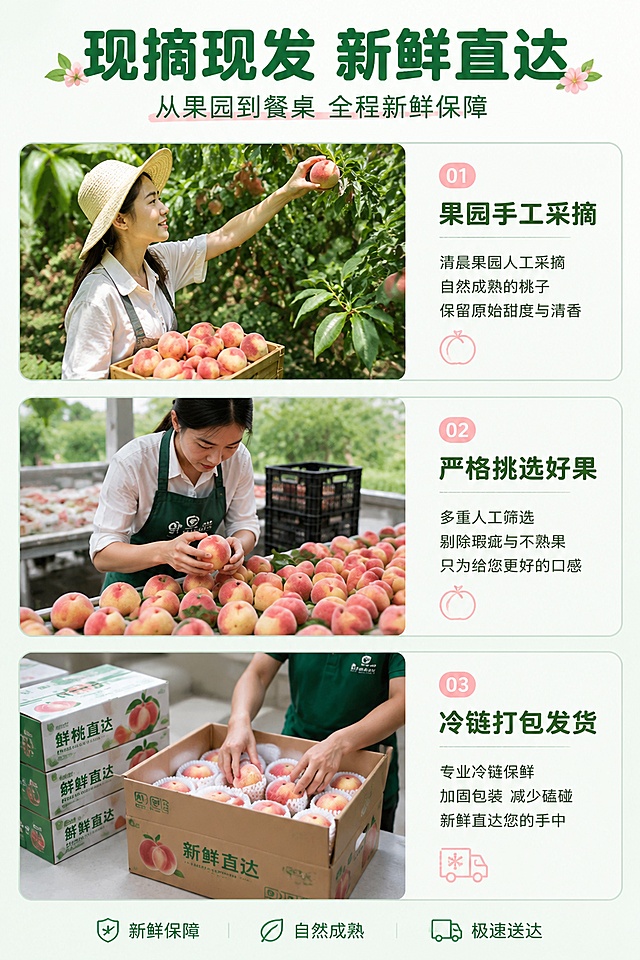 [第12屏] 详情页工艺说明-采摘发货保障。
[氛围/风格] 工艺记录风，真实可信，纪实摄影质感。
[元素布局] 三张小图纵向排列，分别展示桃园采摘、人工挑选、打包发货三个环节，每张图配文字说明，顶部放主标题，整体信息饱满真实。
[光影质感] 每个环节自然真实光影，整体明亮通透，突出新鲜保障。
[配色色系] 全局底色 #F2F8F5，主色绿色自然色，辅助粉色，深绿色文字。
[视角构图] 三图竖拼，从上到下阅读，每个环节清晰。
[文字版式] 顶部主标题「现摘现发 新鲜直达」，每个环节配小标题：果园手工采摘、严格挑选好果、冷链打包发货，圆角字体，文字清晰放在图片下方。
[比例分辨率] 2:3 竖版比例，4K分辨率，文字清晰可辨，高清画质。
[负向提示词] 场景变形，文字错乱，文字过小，水印，色彩杂乱