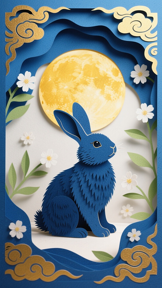 蓝纸雕琢的玉兔 剪纸艺术