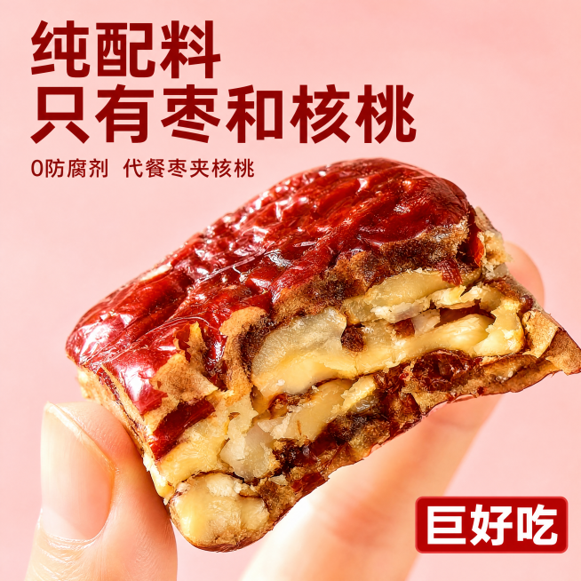 [主图-1] 核桃枣仁派产品首图，突出食欲感。
[氛围风格] 拼多多风格，大字直白，高性价比，暖调食欲氛围；
[画质] 商业摄影质感、光线柔和通透、产品清晰真实、画面干净高级。
[元素] 一块被咬过的预览效果