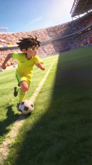 低角度广角镜头，C4D风格3D卡通渲染，动态足球海报。 绿茵场上，一名身穿亮黄色球衣的男孩正带球向画面右侧全力冲刺，面部神情坚定朝右，发丝与衣角随风扬起，动感爆棚。

核心光影与构图：

光源与明暗：预览效果