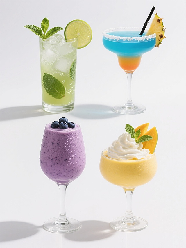一张高清美食摄影风格的饮品系列素材集合，画面采用纯白色纯色背景，保持原图的写实光影效果、清晰的玻璃质感和杯口糖霜细节，整体色彩变换为四种不同色调。规整排布四个完全不同元素内容的高脚杯饮品：左上角是绿色薄荷莫吉托，杯口装饰薄荷叶与青柠角，杯中可见冰块与气泡；右上角是蓝色夏威夷鸡尾酒，橙黄色分层与蓝色酒体形成渐变，插有黑色吸管和菠萝片；左下角是紫色蓝莓冰沙，杯壁凝结水珠，顶部点缀蓝莓果粒；右下角是黄色芒果奶昔，表面有奶油泡沫，装饰芒果片与薄荷叶。每个饮品都保持高脚杯形态，液体透明度与反光效果一致，整体构图对称平衡，信息传达清晰，适合作为餐饮宣传素材使用。
