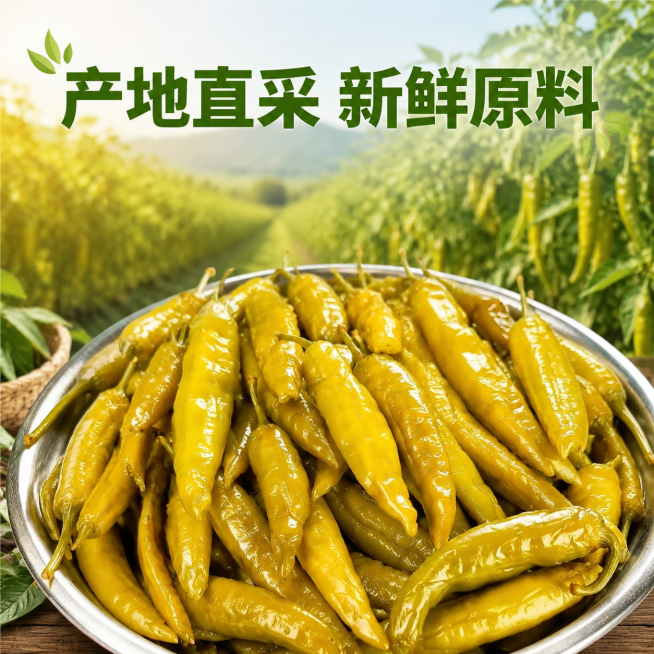 [主图-7] 腌辣椒源产地环境展示。氛围风格：原生态，真实溯源，自然健康。画质：商业摄影质感，光线通透自然，产品清晰真实，画面干净高级。元素：原图腌辣椒放置画面前景，背景虚化展示新鲜辣椒种植地，连系从预览效果