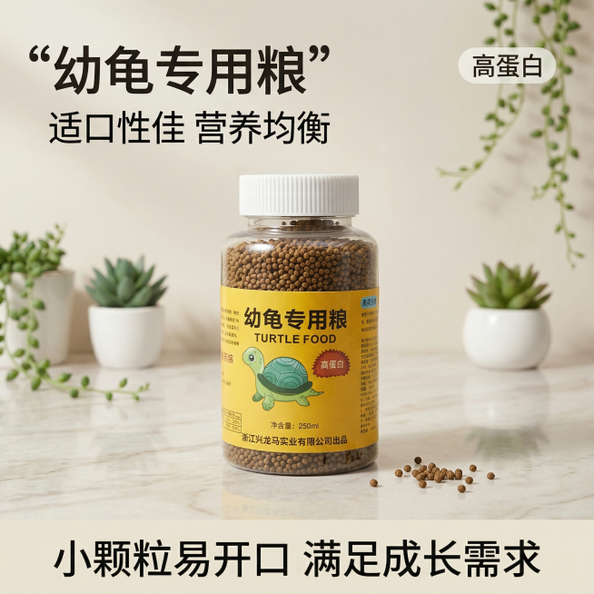 生成幼龟专用粮淘宝主图，产品是幼龟专用乌龟饲料，核心卖点适口性佳，营养均衡，风格为舒适简约家居治愈风，透明瓶装产品居中展示，主体完整，浅米灰色简约背景点缀小绿植，柔和自然光，文案：左上角主标题“幼龟专预览效果