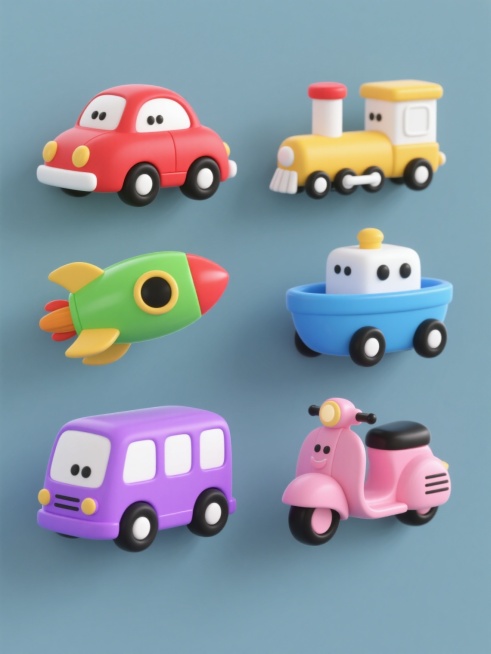 6个不同颜色的卡通风格交通工具玩具，包括红色小汽车、黄色小火车、蓝色小轮船、绿色小火箭、紫色小巴士、粉色小摩托车，均采用圆润可爱的造型设计，光滑无棱角的表面，明亮饱和的单色搭配白色主体，简洁的黑色细节点缀，每个交通工具保持相同的3D渲染质感和简约风格，在纯色背景上以2x3网格形式规整排布，形成一套色彩各异但风格统一的系列素材集合。预览效果