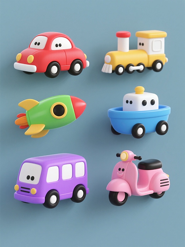 6个不同颜色的卡通风格交通工具玩具，包括红色小汽车、黄色小火车、蓝色小轮船、绿色小火箭、紫色小巴士、粉色小摩托车，均采用圆润可爱的造型设计，光滑无棱角的表面，明亮饱和的单色搭配白色主体，简洁的黑色细节点缀，每个交通工具保持相同的3D渲染质感和简约风格，在纯色背景上以2x3网格形式规整排布，形成一套色彩各异但风格统一的系列素材集合。