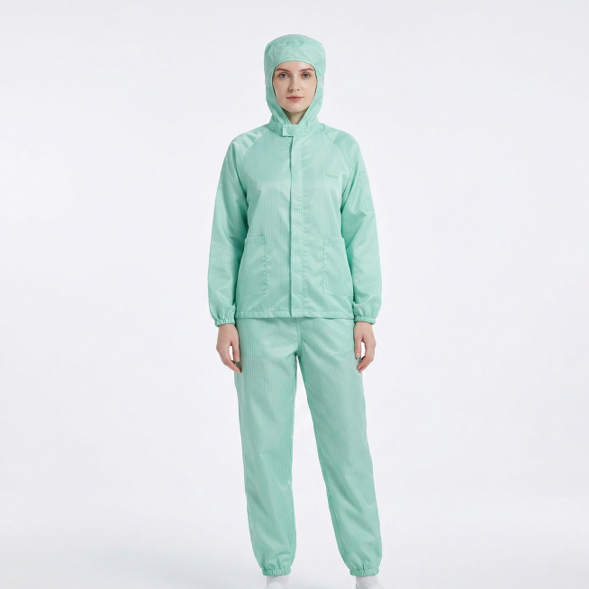 肤色白皙的外国女性穿着这件浅绿色连帽分体防护服，保持服装款式和条纹细节不变，添加真实人体模特，高质感，高清商业摄影，纯色背景预览效果