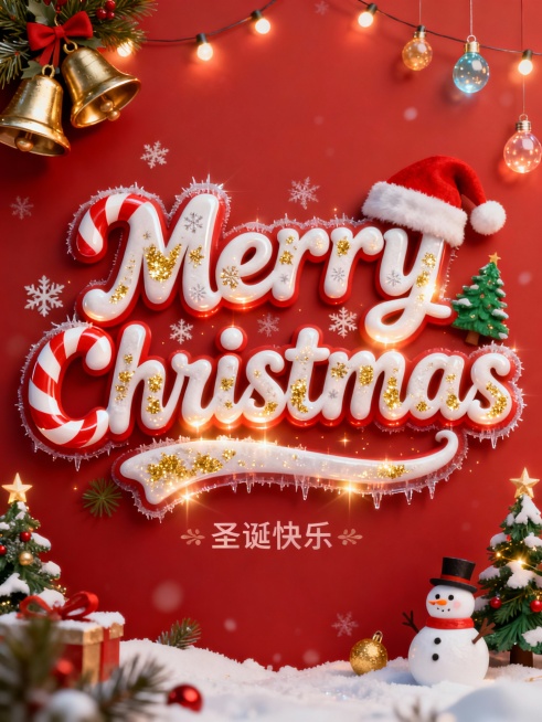 圣诞红背景，中间是圣诞主题的艺术字体“Merry Christmas ”，字体风格充满节日氛围，带有拐杖糖条纹、雪花纹理、金色闪光粒子，字形圆润可爱、略带手写感。字体边缘带有轻微冰霜效果和微光。融入圣预览效果