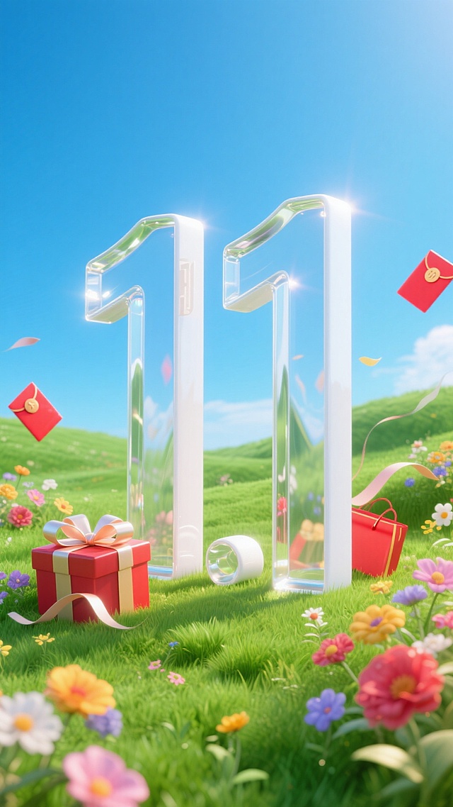 梦幻感与清新感交织，3D玻璃风数字“11”立于繁花绿野，轻拟物设计融合虚拟自然，红礼盒与红包飘飞，传递喜庆节日氛围。