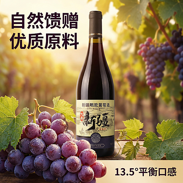 [主图 3] 工艺细节特写图，展示优质酿酒葡萄原料
[氛围/风格] 微距质感，自然真实，突出优质原料的细节纹理
[画面元素] 保持葡萄酒瓶主体位置不变，酒瓶放置在画面中下区域，前景放置一串新鲜饱满的紫色酿酒葡萄，葡萄上带有自然水珠，微距特写突出果皮纹理和光泽；背景虚化的新疆葡萄庄园，自然暖阳逆光，光影通透诱人
[配色色系] 主色调：深紫（葡萄）、深红（酒液），辅助色：绿色（葡萄叶）、暖黄（阳光）
[视角构图] 平视带一点俯视，前景葡萄特写，酒瓶主体完整展示，景深突出前景
[文字版式] 画面左上主标题："自然馈赠 优质原料"，粗体深色字；右下角标注度数信息"13.5°平衡口感"，深色字体，信息清晰不遮挡主体。
[比例分辨率] 1:1比例，2k分辨率。保持酒瓶外观与用户上传原图一致。