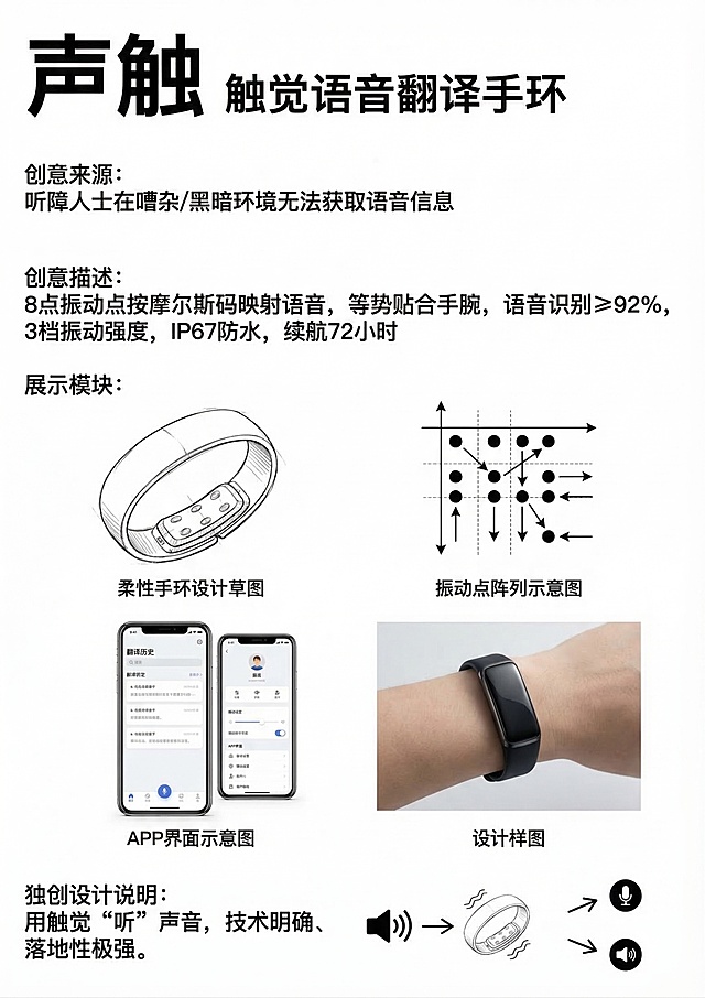 仿照参考的巨无霸积木椅海报的版式风格，设计「声触」触觉语音翻译手环的介绍海报，白色背景，左上角标注作品名称「声触 触觉语音翻译手环」，下方依次排列模块：创意来源：听障人士在嘈杂/黑暗环境无法获取语音信息；创意描述：8点振动点按摩尔斯码映射语音，等势贴合手腕，语音识别≥92%，3档振动强度，IP67防水，续航72小时；展示模块包含柔性手环设计草图、振动点阵列示意图、APP界面示意图、设计样图；独创设计说明：用触觉“听”声音，技术明确、落地性极强。整体排版清晰，和参考海报风格一致，文字清晰易读