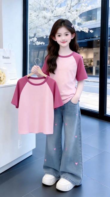用图1短袖和牛仔裤替换掉图2的模特身上穿的衣服裤子和模特手里衣架上挂着的衣服，保留原场景光影，保持图2的人物的五官和发饰不变，姿势不变，背景不变，图片宽高尺寸不变，保持图1的短袖和牛仔裤的款式和颜色不预览效果
