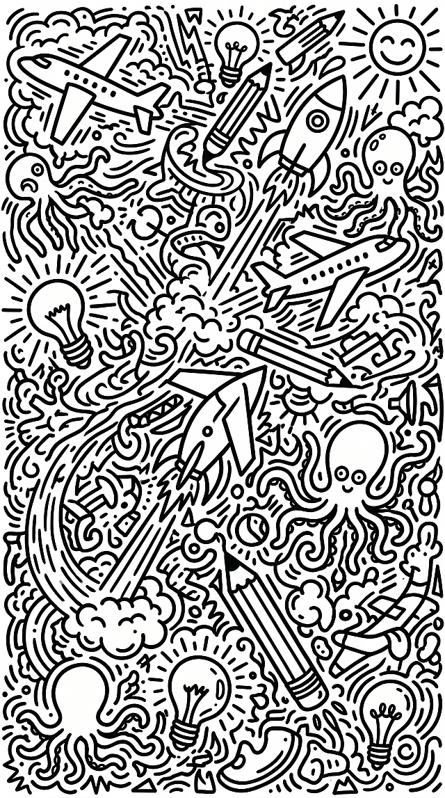 参考原图的黑白线条涂鸦风格，重新创作一张满版插画，所有图案替换为飞机、火箭、铅笔、灯泡、章鱼和太阳，保持原有的密集抽象涂鸦风格，keith haring风格，黑白配色，填充整个画面