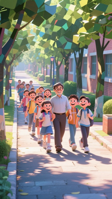 校园林荫道上，老师被一群学生簇拥着，大家笑容满面，绿树投下斑驳光影，光影对比明显，对角线构图，青春活力风预览效果