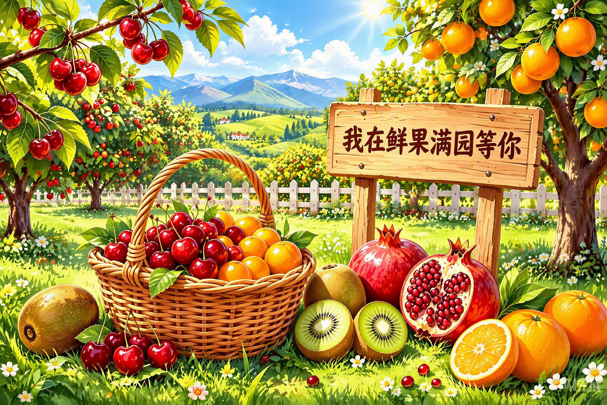 高清像素的果园风景图，画面中有挂满红樱桃的樱桃树、挂满橙子的橙… - 图片创意预览