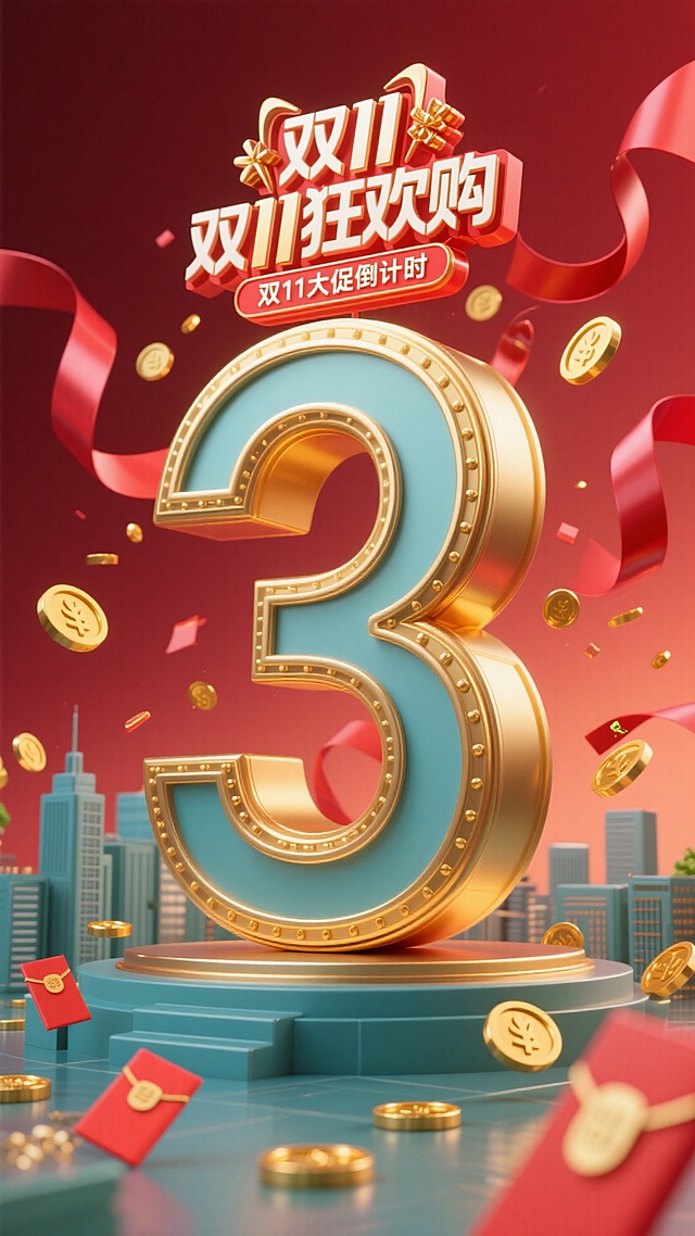 3D重拟物风格，鎏金金属质感数字“3”矗立于城市舞台，红绸飞舞、金币飘落，喜庆热烈，强化双11促销倒计时氛围。