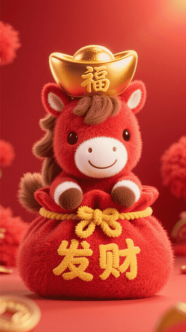红色简单背景，正面红色小马（白色口鼻、棕色耳朵内侧与鬃毛，可爱微笑），头顶带 “福” 字的金色元宝，坐在绣有 “发财” 的红色福袋中（黄色绳结系紧），马蹄搭在袋子签前缘