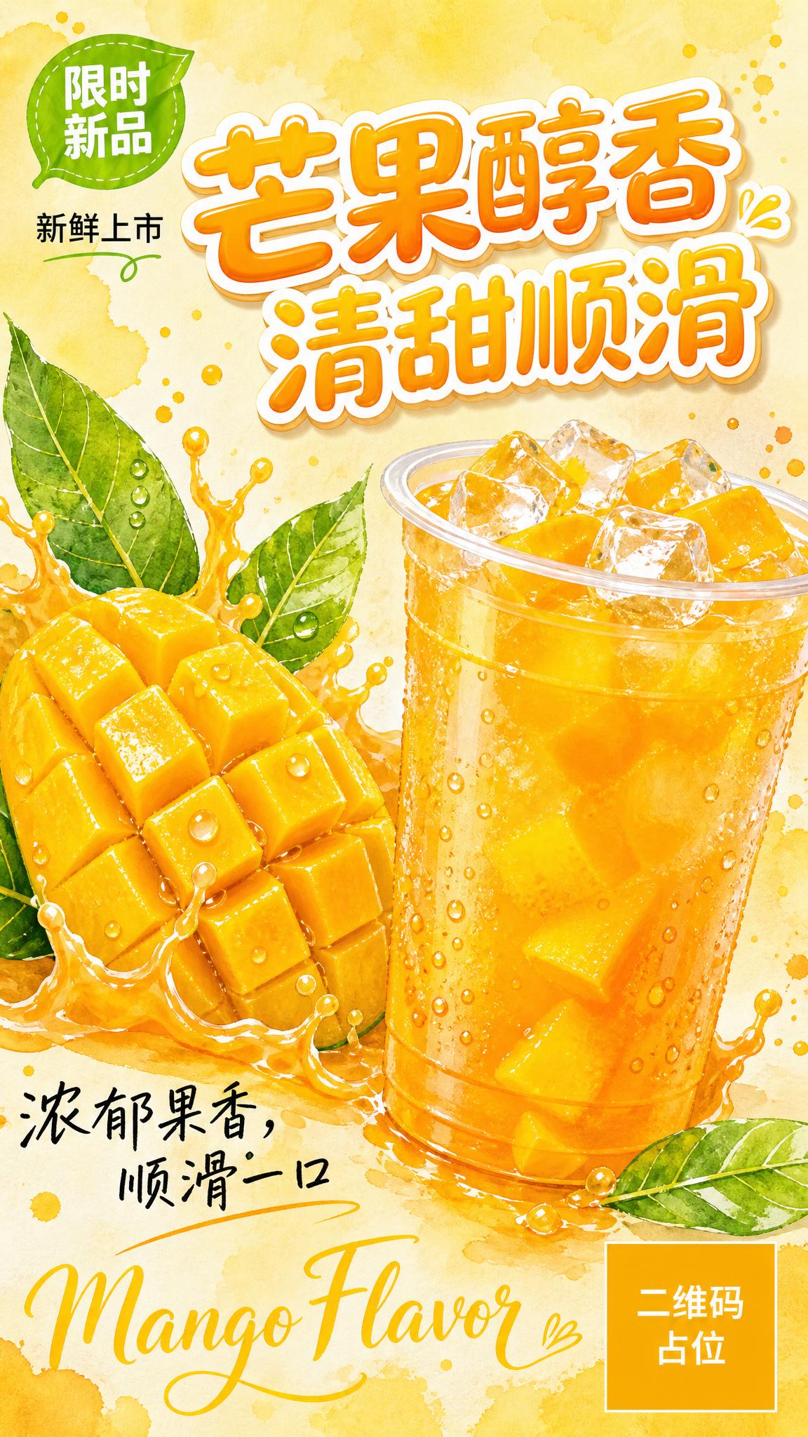 水彩手绘风格的芒果果茶商业饮品海报，竖版构图，9:16比例。暖… - 图片创意预览