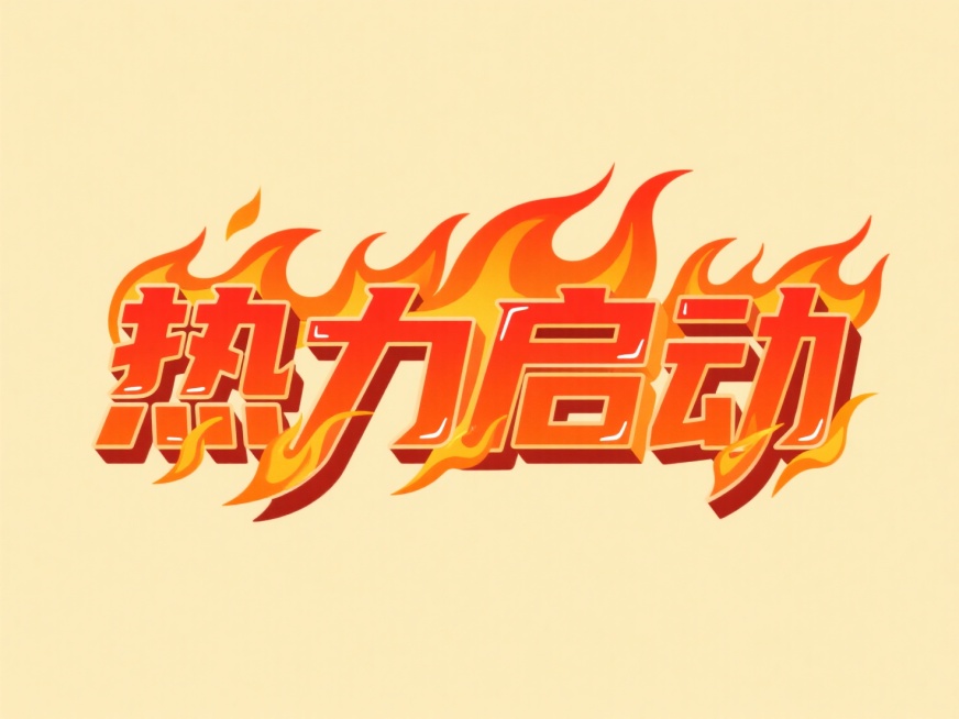 文案“热力启动”。结合火焰元素，淡黄色背景，文字横向排放预览效果