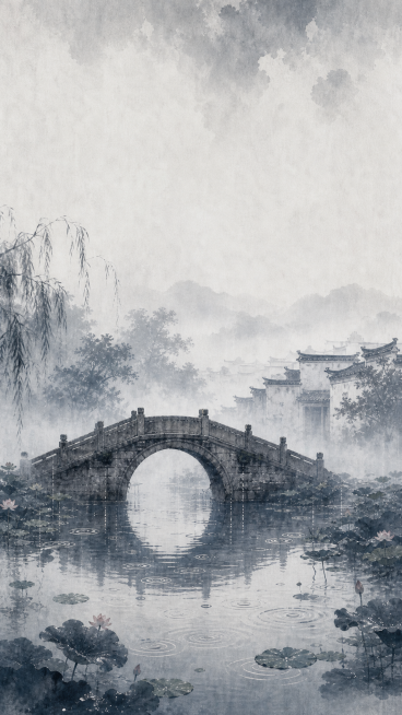 第4屏：临水·古桥荷雨，古桥河面，微浪荷叶，雨滴水纹，整体为水墨烟雨徽州古风，朦胧淡墨风格，画面适配竖屏H5展示预览效果