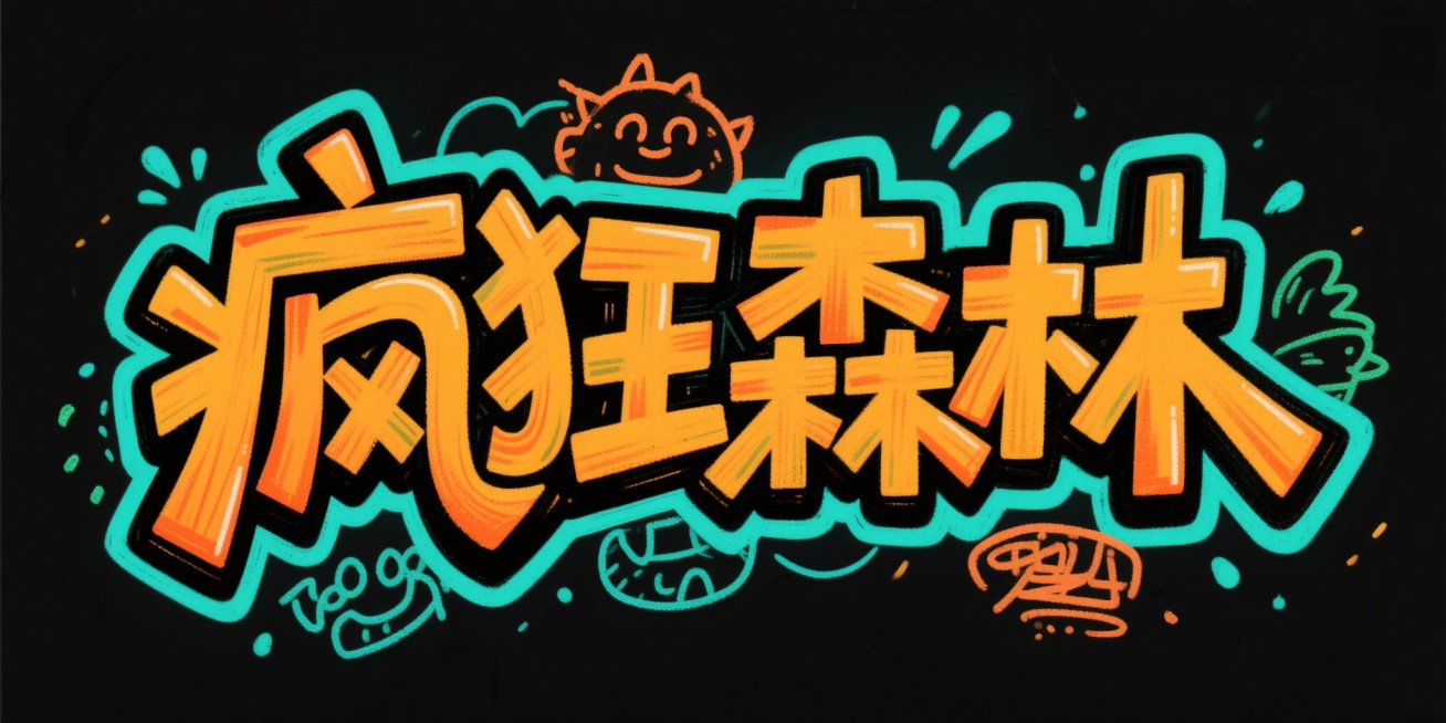 文字是“疯狂森林”，街头涂鸦风格字体，字形刚劲有力，线条锋利动感，体现疯狂与力量氛围，橙黄色与黑色对比配色，文字轮廓有鲜明青色光晕和飞溅效果，突出活力与张力，深色黑色背景，文字排版直排，简洁有层次感，预览效果