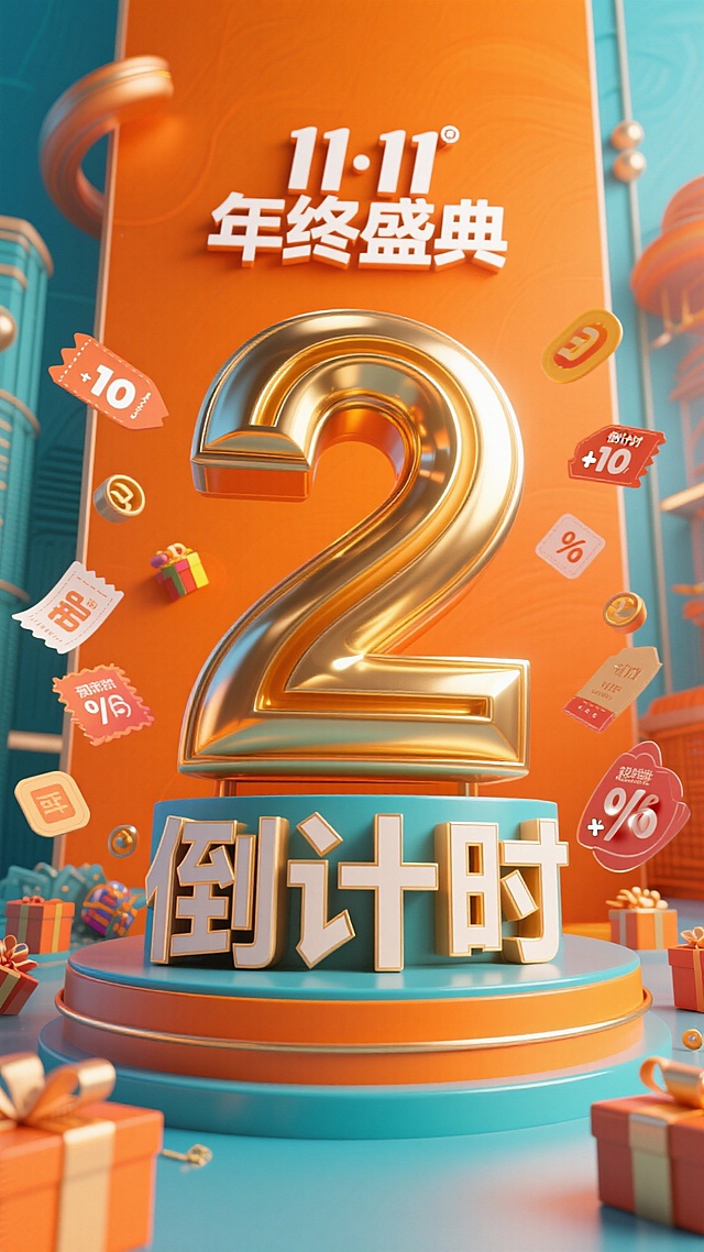 金属艺术字体设计“11·11年终盛典 倒计时2天”中的“2”要大突出，成为画面主体，金色金属质感，橙色背景，活动氛围，促销元素包围