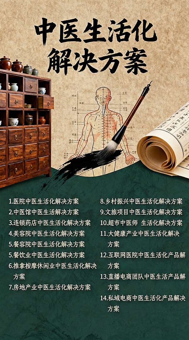 修正图片中的文字和序号，确保14个中医生活化解决方案：1.医院中医生活化解决方案 2.中医馆中医生活解决方案 3.连锁药店中医生活化解决方案 4.美容院中医生活化解决方案 5.餐饮业中医生活化解决方案 6.推拿按摩休闲业中医生活化解决方案 7.房地产业中医生活化解决方案 8.乡村振兴中医生活化解决方案 9.文旅项目中医生活化解决方案 10.超市中医师生活化解决方案 11.大健康产业中医生活化解决方案 12.互联网医院中医生活化产品解决方案 13.直播电商团队中医生活产品解决方案 14.私域电商中医生活化产品解决方案，序号和文字完全对应准确，排版美观，融入传统中医元素，风格典雅古朴