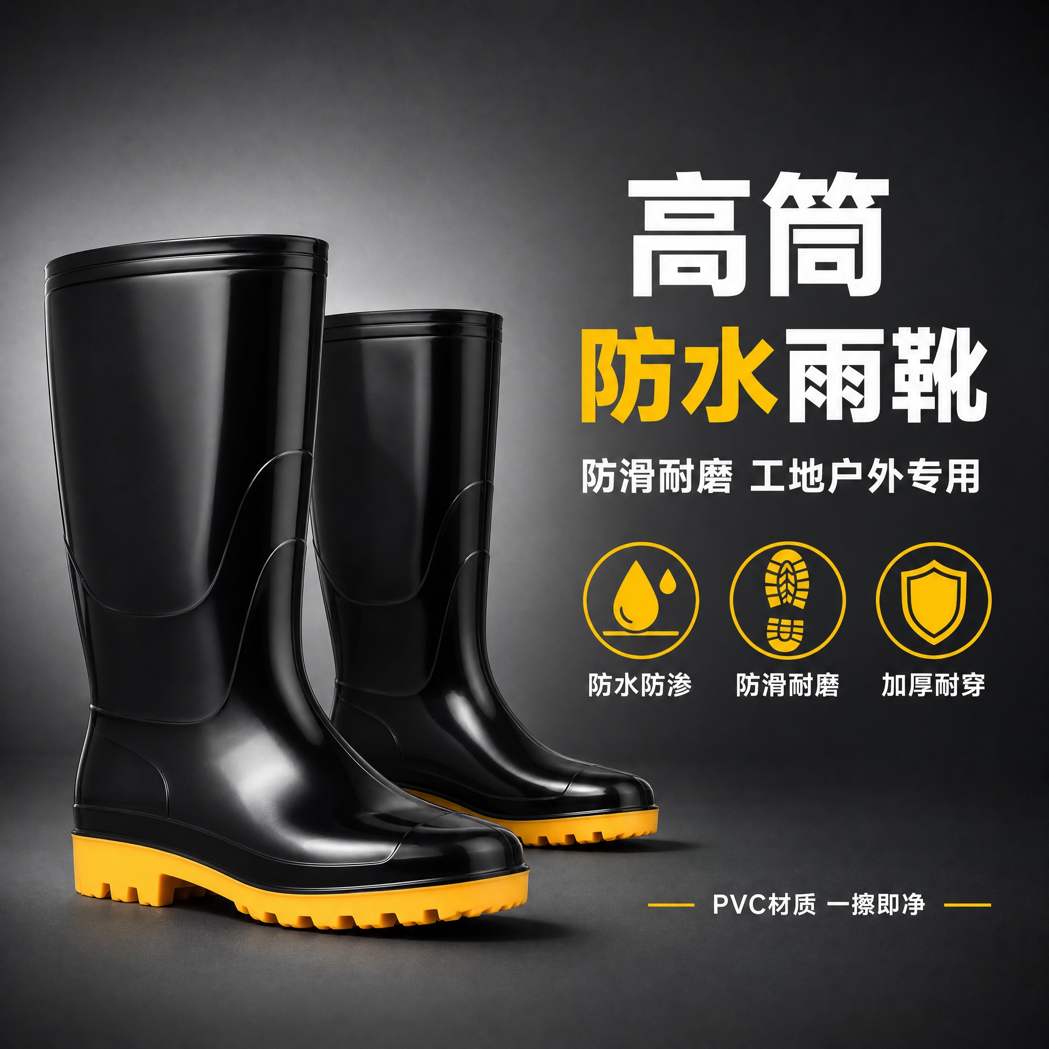 [主图-1] 黑色高筒雨靴 淘宝首图 核心卖点主视觉。 [统一… - 图片创意预览