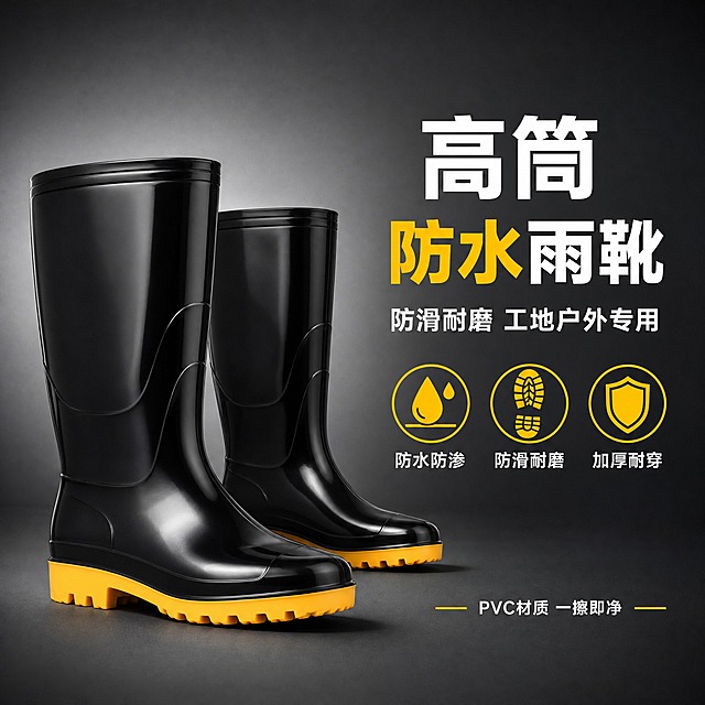 [主图-1] 黑色高筒雨靴 淘宝首图 核心卖点主视觉。
[统一基调] 专业品质工业风，深灰色渐变背景，黑黄配色，硬朗可靠质感，中文无衬线粗体字体，突出耐用专业感。
[画面] 深灰色渐变背景，中央偏左位置摆放一双黑色高筒雨靴（左脚在前45°侧视角，右脚在后略微错开），靴身竖直挺拔，完整展示高筒轮廓和黄色防滑厚底，产品占画面约65%。右侧上方大标题"高筒防水雨靴"，副标题"防滑耐磨 工地户外专用"，下方配3个圆形卖点图标横向排列：第一个水滴图标配"防水防渗"，第二个鞋底纹路图标配"防滑耐磨"，第三个盾牌图标配"加厚耐穿"。底部有一行小字"PVC材质 一擦即净"。
[光影质感] 商业棚拍质感，主光左上方45°打下，靴身黑色亮面PVC形成均匀高光带，体现光滑防水质感；黄色橡胶鞋底呈现哑光耐磨质感，鞋底与地面有自然接触阴影，立体感强。
[配色] 深灰渐变背景，黑色靴身，黄色鞋底和图标点缀，文字白色+黄色，对比强烈专业。
[文字版式] 中文无衬线粗体，主标题最大最粗，副标题缩小约50%，图标+文字横向排列整齐，所有文字放在右侧负空间，不遮挡产品主体。
[输出要求] 1:1正方形，2048x2048像素，产品清晰，文字清晰可读，无变形、错字、模糊、杂乱、水印、平台Logo。
