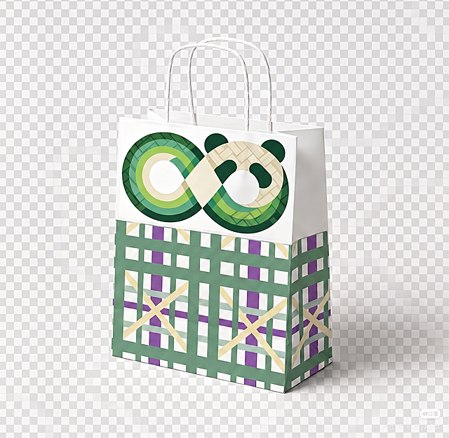 把第二张图的无限符号熊猫logo添加到这张纸袋图片的白色上半部分居中位置，保持logo原样式和纸袋透视阴影效果