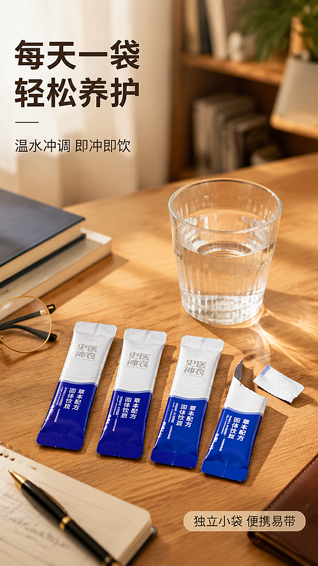 [第6屏] 详情页使用场景展示 - 日常冲调便携饮用场景。本屏使用【图1】独立小袋图作为产品主体元素。
[氛围/风格] 日常生活感+品质感，暖调配色，居家/办公场景，真实自然，商业摄影质感。
[元素布局] 画面展示现代简约的居家桌面场景，木质桌面，一杯温水旁放着草本固体饮料小袋，小袋蓝白包装清晰可见，史医神农logo和产品名称完整保留；旁边可有撕开的小袋口，表现冲调使用状态；背景虚化的书房或客厅环境，温暖自然光从侧面照入；可加入笔记本、眼镜等男性日常物品增加生活感；产品小袋物理结构、比例轮廓、材质质感、颜色色号与输入产品图完全一致。
[光影质感] 侧方自然柔光照明，桌面有柔和光影，杯身有高光，小袋包装呈现细腻质感，整体温暖通透。
[配色色系] 全局底色 暖木色+米白温馨色调；主色木色#D4A574、米白、产品蓝；辅助色暖黄灯光、深棕点缀。
[视角构图] 45°俯视桌面场景，产品小袋和水杯为视觉中心，阅读动线从中心产品向四周场景扩散。
[文字版式] 左上角大标题「每天一袋 轻松养护」，副标题「温水冲调 即冲即饮」，字色深棕黑体；右下角信息条「独立小袋 便携易带」，字色浅棕；文字不遮挡产品主体，位置避开核心展示区；字体统一为无衬线黑体，温暖自然。
[比例分辨率] 9:16 竖版比例，4K分辨率，文字清晰可辨，高清画质。
[负向提示词] 产品变形，缺件错件，包装文字错乱，颜色偏差，水印，文字过小，人物面部，低俗场景。