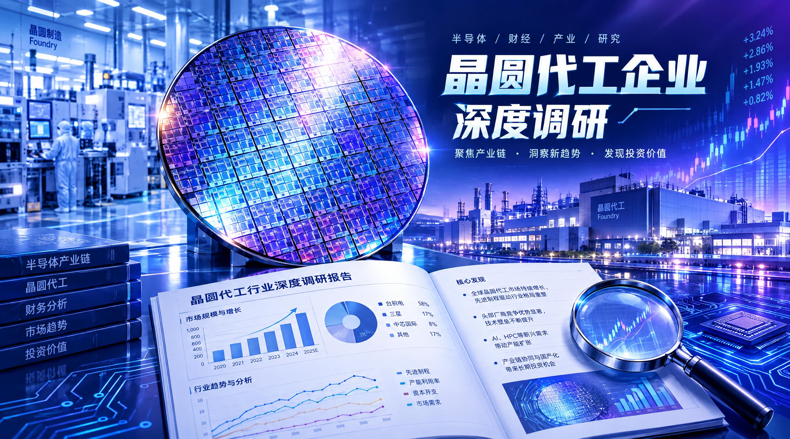 半导体财经科技感封面图，主题为晶圆代工企业深度调研。画面中心是… - 图片创意预览