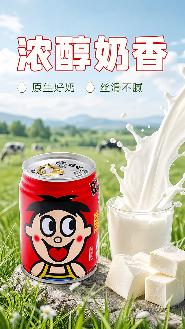 [主图-2] 旺仔牛奶核心卖点展示图。
[氛围风格] 自然干净新鲜质感，突出原料品质
[画质] 商业摄影质感、光线柔和通透、产品清晰真实、画面干净高级
[元素] 旺仔牛奶罐放置左侧，右侧摆放新鲜牛乳块和飞溅的牛奶瀑布，天然牧场草地淡影虚化做背景。保持旺仔牛奶罐外观（物理结构、材质质感、颜色）与输入产品图绝对一致，杜绝任何变形和色差，精细化处理。商品主体占比严格控制在65%左右；画面满屏无边框。
[光影] 自然柔光，突出牛奶浓醇丝滑质感，牛乳纹理清晰
[配色] 主色奶白，辅色经典红、草地绿，清新自然
[视角构图] 平视横向构图，产品与原料左右分区，层次清晰
[文字版式] 顶部居中大字写"浓醇奶香"，奶白色粗体配红色细描边；下方小字分点展示，"原生好奶
丝滑不腻"，绿色细体字；每句卖点前加牛奶滴图标点缀。文字都放在背景负空间，不遮挡主体。
[比例分辨率] 9:16比例，4k分辨率；文字清晰锐利，超高清
[负向提示词] 变形，水印，文字错乱，产品图模糊，背景杂乱，颜色失真