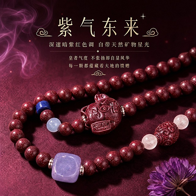 [商品] 使用【图1】紫金砂招财猫平安转运珠双圈手串；保留所有部件外观、颜色、材质和结构，不做任何二创修改。
[画面] 页面目标：紫气东来色调美学卖点，展示深邃暗紫红色与天然星光。构图：手串呈弧形横亘画面中部，珠子大特写，展示朱砂表面细腻的天然矿物星光质感。背景为深酒红到紫红的渐变，带纸质感肌理，营造紫气东来的氛围。画面左上角飘出几缕淡紫色烟雾/云纹装饰，右下角放置一朵紫色干花小配饰。景别：微距特写。阅读动线：从中心向四周。
[视觉] 套系策略：风格=高级国风珠宝商业摄影；标题字=纤细宋体类国风字体；正文字=简洁宋体；主色=酒红+裸粉渐变（本张偏深紫调延展）；背景延展=深酒红到紫红渐变+纸质感肌理；强调色=亮紫金；标题色=浅金色；正文色=米金色；组件=祥云图标、星光粒子图标；光影=侧光微距，突出珠子表面矿物颗粒的星光闪烁感。
[文字] 画面上方居中：主标题"紫气东来"，副标题"深邃暗紫红色调 自带天然矿物星光"；下方两行说明"皇者气度 不张扬却自显风华""每一颗都蕴藏着大地的馈赠"。配祥云线性图标。
[规格] 1:1正方形，2K分辨率，medium质量。负向：变形、错字、模糊、杂乱、水印、平台Logo、产品外观改变、颜色偏差。