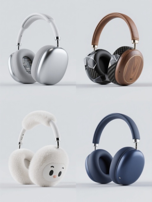 一张展示4个不同材质与造型头戴式耳机的系列海报，保持高分辨率3D产品渲染风格，纯净纯色背景，每个耳机均保留头戴式基本结构但造型各具特色：第一个为银色金属拉丝质感，流线型耳罩；第二个是哑光黑色碳纤维材质，棱角分明的几何切割设计；第三个呈现温暖的胡桃木纹理，复古圆形大耳罩配皮革头梁；第四个为透明亚克力材质，内部可见精密电路结构，未来科技感造型；第五个是柔软的白色绒毛材质，蓬松可爱的卡通化造型；第六……预览效果