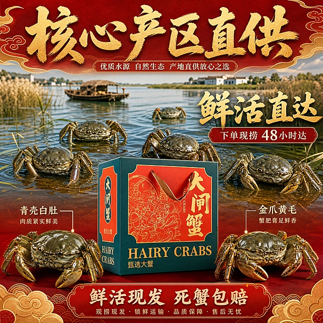 [主图-2] 产地溯源与鲜活保障图，核心任务是建立信任，展示大闸蟹优质产地，下单现捞鲜活现发的核心卖点。
[统一基调] 高端国潮喜庆大气风格，背景主色为朱红搭配暗金色祥云纹样，标题字色为烫金色，辅助字色为米白色，强调色为朱砂红，字体为粗笔书法体搭配宋体辅助字，整体有金边祥云、传统水纹等国潮元素装饰，质感厚重有档次。
[画面] 画面采用上下分层构图，上半部分背景为水乡湖泊场景，有渔船、湖水、芦苇，体现产地氛围，水面上有几只鲜活的大闸蟹正在爬行，展现鲜活状态；下半部分前景中央放置大闸蟹礼盒，礼盒左右两侧各有一只鲜活的生猛大闸蟹，青壳白肚，蟹脚有力。礼盒占画面约40%，产地场景占画面约50%。视角为平视偏俯视，产品完整。背景融入国潮水纹、祥云金色线条装饰。
[光影质感] 自然水乡光线结合商业打光，上半部分是柔和的湖面自然光，下半部分产品区有暖光补光，蟹壳青亮有光泽，礼盒烫金有金属质感，底部有自然接触阴影，鲜活感与品质感兼具。
[配色] 主色中国红与湖水蓝绿搭配，辅助色暗金、墨绿、青壳色，背景上半部分为水乡湖景自然色，下半部分为深红渐变，整体既有产地真实感又有国潮喜庆感。
[文字版式] 上方主标题为烫金粗书法体"核心产区直供"，横跨画面上方；中间有大号金色数字"鲜活直达"配小字"下单现捞 48小时达"；下方礼盒两侧有引线标注"青壳白肚""金爪黄毛"等特征说明，文字为米白色宋体。底部有红色横幅样式"鲜活现发 死蟹包赔"服务承诺。文字不遮挡产品主要展示面。
[输出要求] 1:1正方形，2048*2048px，文字清晰可读，产品清晰完整，无变形，无错字，无模糊，无杂乱元素，无水印，无平台Logo。禁止出现绝对化用语，禁止人物出现。