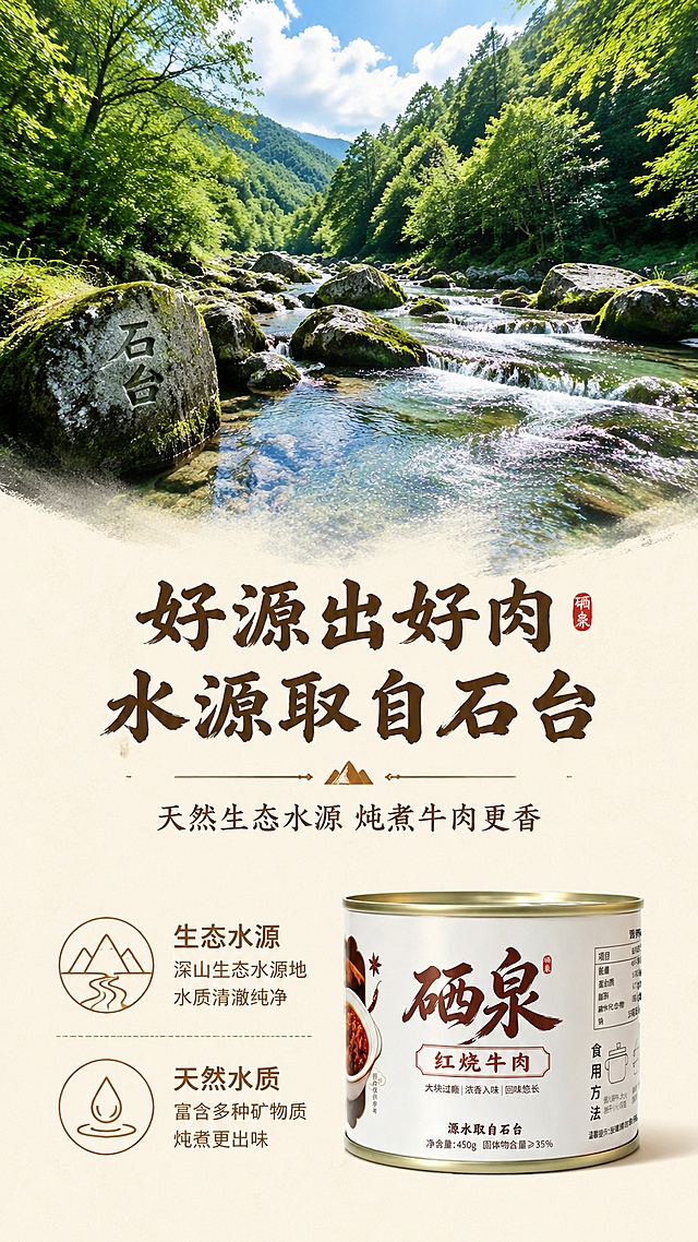 [第2屏] 详情页产地屏-硒泉红烧牛肉产地优势展示。
[氛围/风格] 自然清新原生态风格，真实户外摄影质感，通透自然光影。
[元素布局] 上半部分展示石台优质水源地实景，清澈溪流山林占据画面50%以上面积，放大核心视觉；下半部分放置罐头产品小图，左侧搭配产地文字说明，元素层次清晰，产地实景占据主要视觉。
[光影质感] 自然日光照明，整体明亮通透，溪水表面有自然波光，氛围干净清新。
[配色色系] 全局底色 #f8f4e9；主色山林青绿，辅助色棕红产品、深棕文字。
[视角构图] 上实景下图文，竖向构图，自然舒展，阅读动线从上到下。
[文字版式] 主标题「好源出好肉 水源取自石台」，副标题「天然生态水源 炖煮牛肉更香」，同屏搭配「生态水源 天然水质」卖点标注，采用和首屏一致的适度书法感标题字体，深棕色，文字清晰排版透气，不遮挡核心实景区域。
[比例分辨率] 宽度1080，高度1920，9:16 竖版比例，4K分辨率，文字清晰可辨，高清画质。
[负向提示词] 文字错乱，文字过小，虚假风景，产品变形，水印