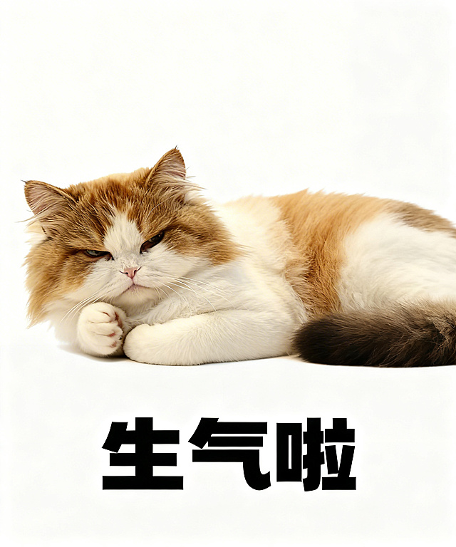 将图中的橘白猫咪替换为图二的棕白布偶猫，保持猫咪不悦生气的姿势、白色背景和下方“生气啦”的黑色粗体文字不变