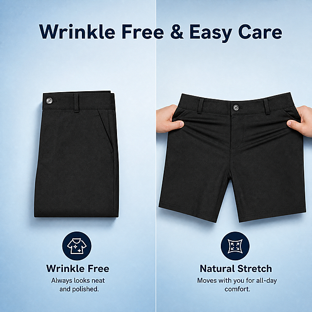 [Image 5] Functional卖点 display for boys shorts. Split screen layout, left picture shows shorts after folding with no wrinkles, right picture shows natural stretching of the fabric. Light low saturated blue gradient background. Clear English text at top: "Wrinkle Free & Easy Care", text clear and readable, placed in negative space. Keep shorts color and material consistent with original image. Soft light, clear contrast, commercial photography style. 1:1 ratio, 2048px * 2048px, 2K resolution. Negative prompt: distortion, blurry product, messy background, watermark, logo, Chinese characters.