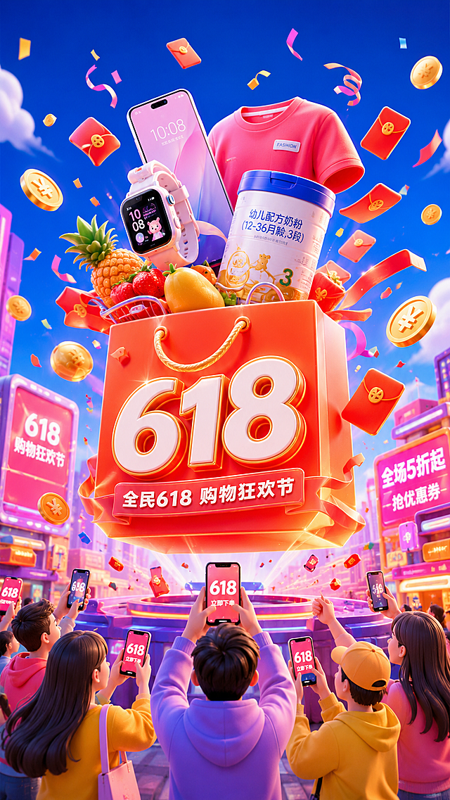 软3D风融合波普艺术与霓虹灯元素，卡通感十足的618购物狂欢节场景，重拟物设计展现喜庆促销氛围，粒子飞舞间传递全民抢购热潮。