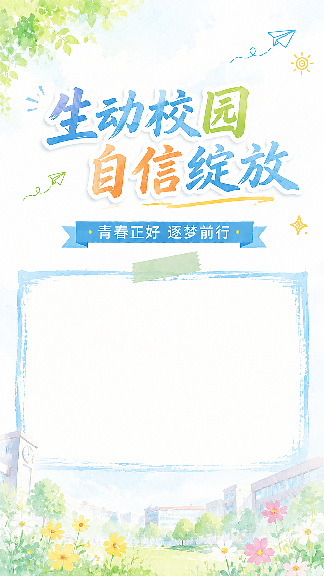 基于原图调整布局，将主标题"生动校园 自信绽放"和上方横版照片框位置互换，标题移到上方，照片框移到下方，保持手绘水彩风格，浅淡背景，保留所有文字文案不变，保持竖版9:16比例，版式干净协调，文字清晰