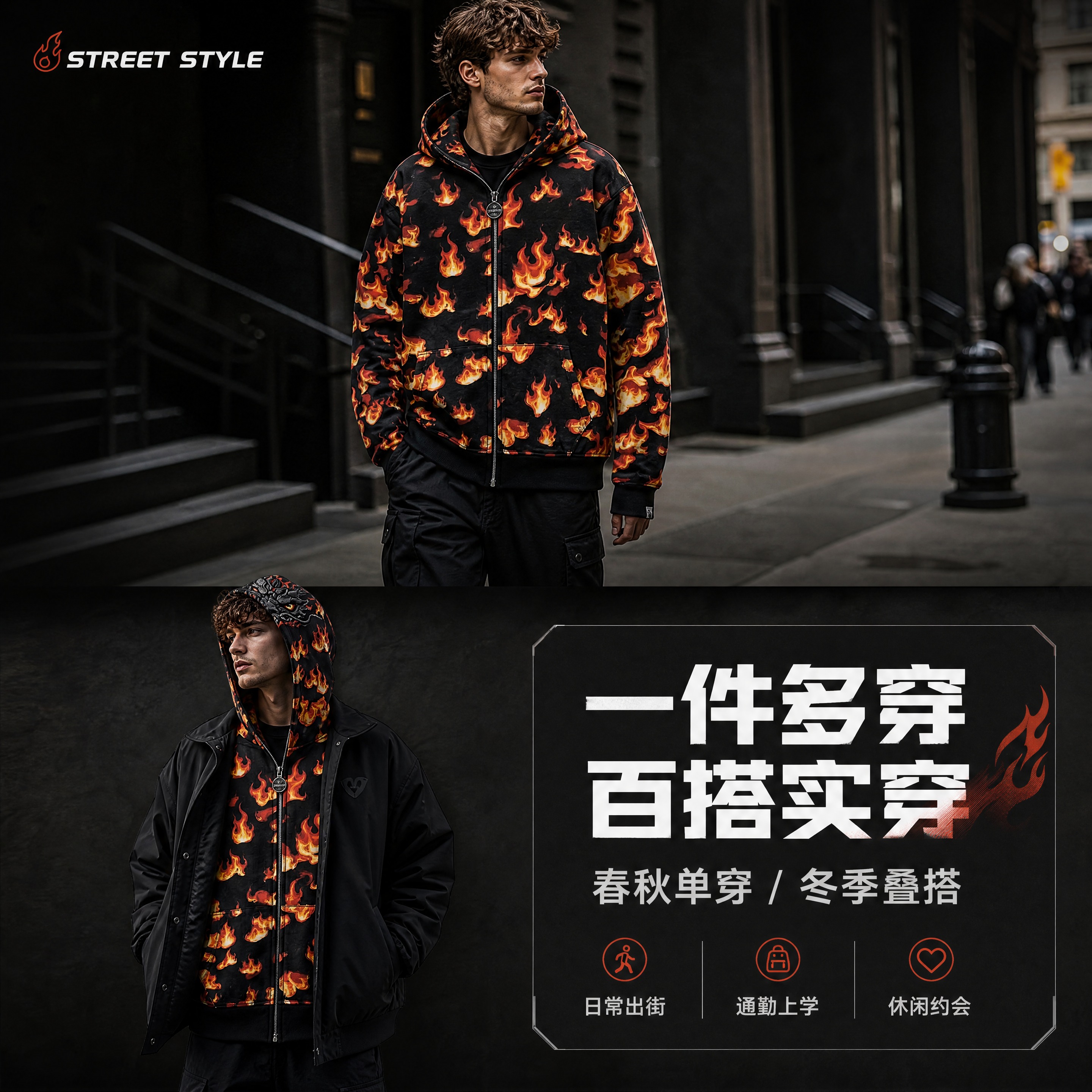 [商品] 使用【图1】黑底火焰龙纹连帽拉链卫衣；商品处理：保留… - 图片创意预览