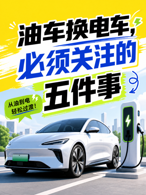 小红书主题封面图，保留原主题文字「油车换电车，必须关注的五件事」，去掉底部五个图标和五段小字，保持画面整体干净简洁，保留原图风格、汽车和充电桩场景，比例3:4，现代创意设计，吸引点击预览效果