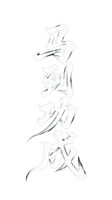 字体设计：马到功成。书法连笔潇洒飘逸灵动，草书字体狂野奔放，视觉张力富有动感，笔画流畅飘逸，笔画巧妙延长变形，飞白效果，字体大小变化，错位排版，白字纯黑底色预览效果