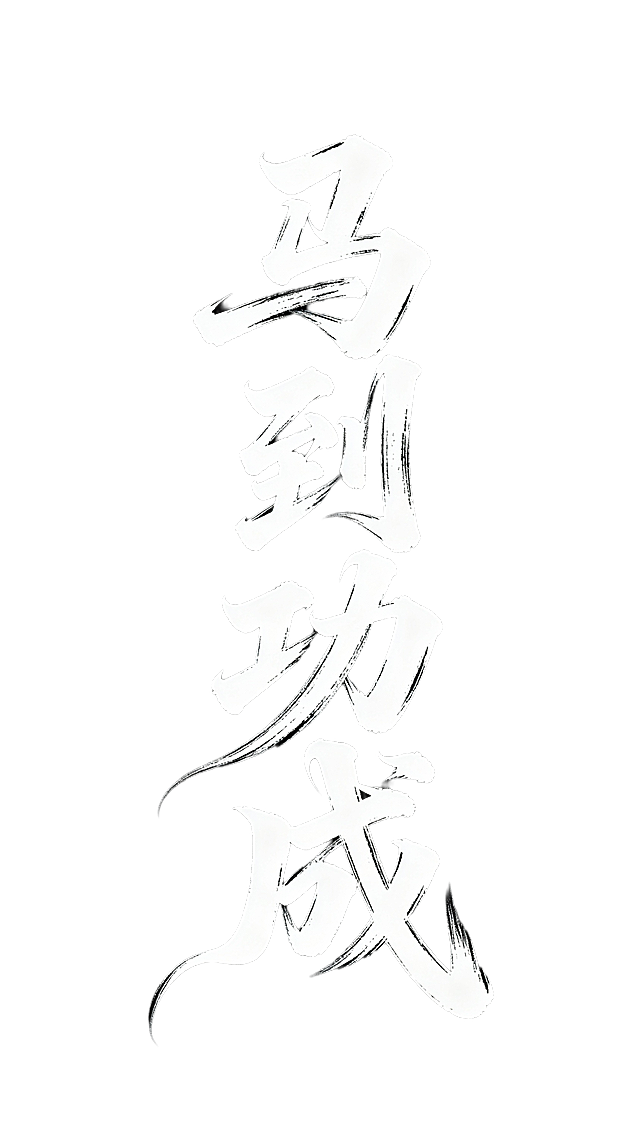 字体设计：马到功成。书法连笔潇洒飘逸灵动，草书字体狂野奔放，视觉张力富有动感，笔画流畅飘逸，笔画巧妙延长变形，飞白效果，字体大小变化，错位排版，白字纯黑底色