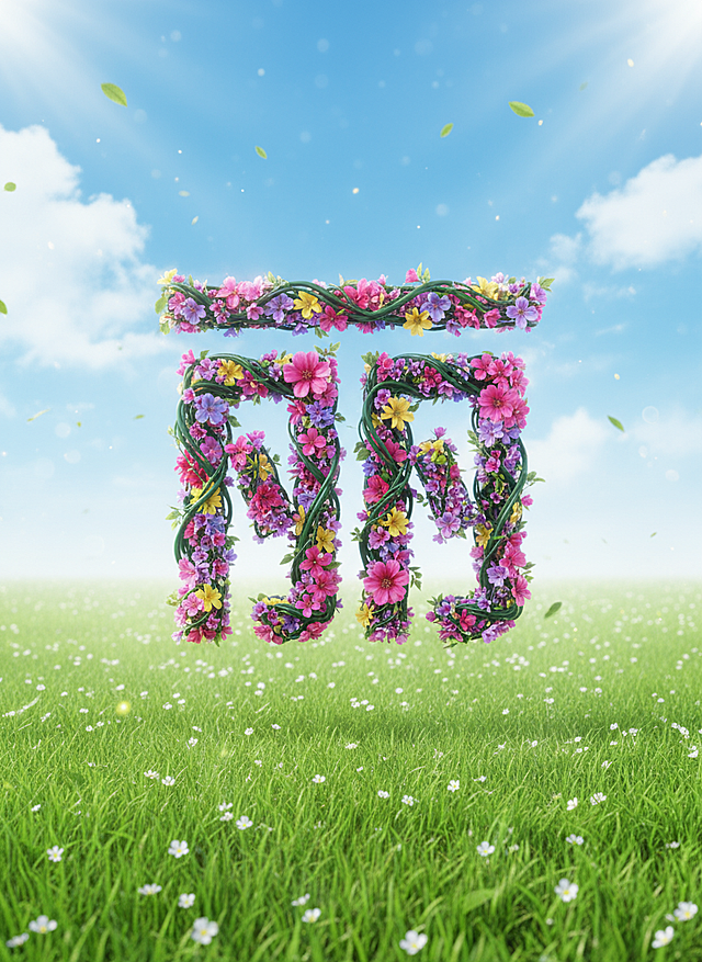 将logo变成由繁花缠绕组成的3D图形，画面色彩鲜艳，展现了一片明亮的宁静草地，配色为绿色。以蓝天白云为背景，绿叶飘落的动态感，辉光效果，明亮，超清