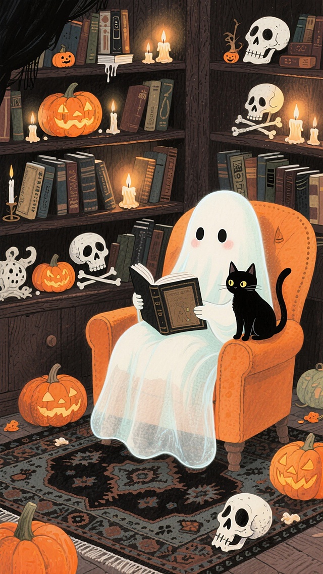 插画风与拟人风结合，卡通感十足的幽灵在温馨书屋中阅读，黑猫相伴，南瓜灯与骷髅点缀，营造出故事感十足的万圣节氛围。
