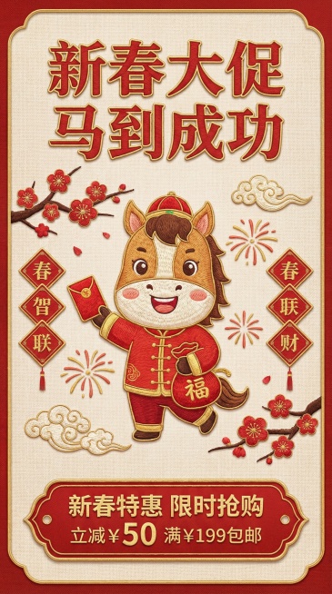 主题：马年春节促销海报  
内容：一只可爱拟人化小马，穿红色唐装，手拿红包和福袋，周围有刺绣风格的梅花、烟花、祥云和春联装饰，背景带轻微布纹或麻布质感  
风格：国风刺绣风，精致细腻，红金主色调，温暖预览效果