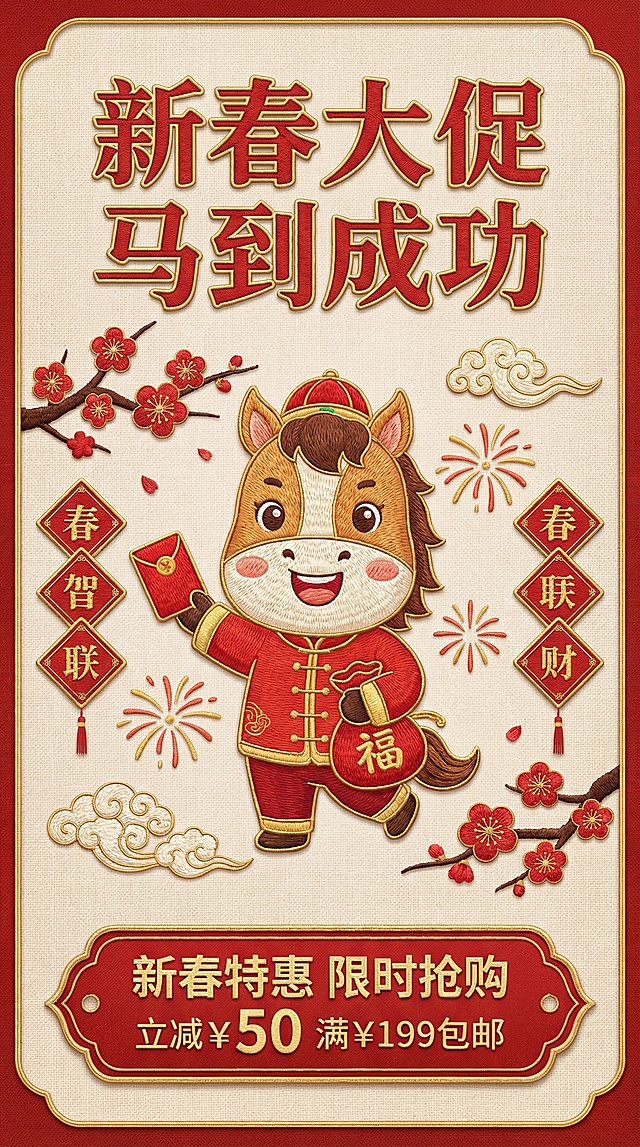 国潮风插画，拟人化小马身着红衣持红包，刺绣质感营造喜庆氛围，搭配梅花、春联元素，传递新春大促的节日促销感。