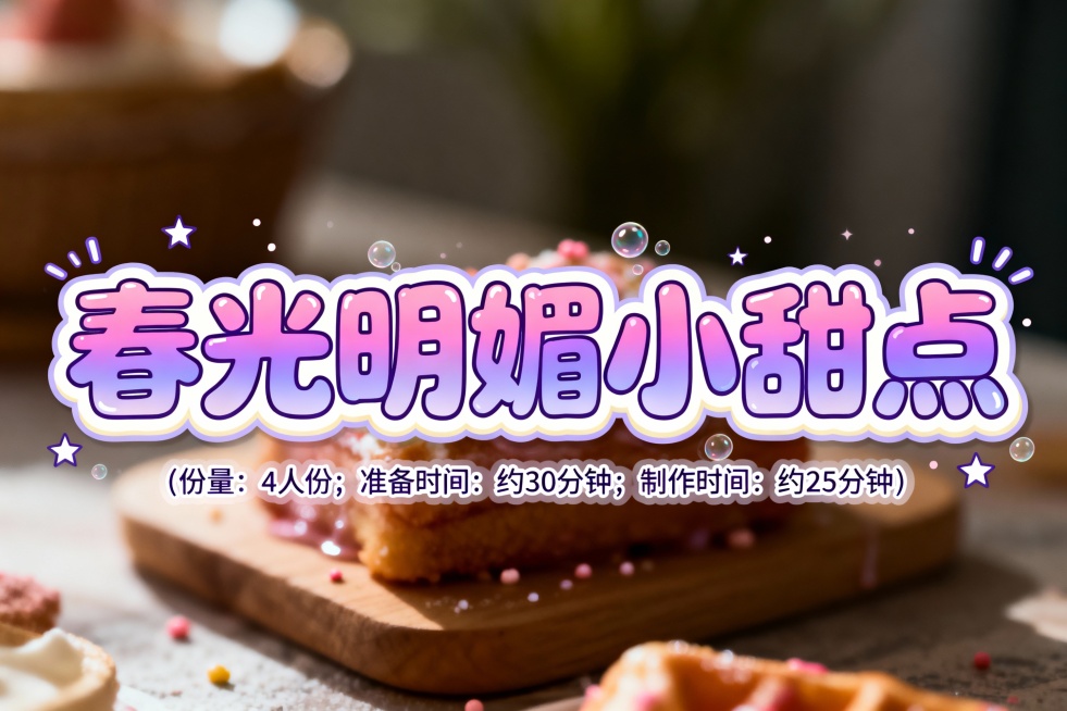设计几个艺术字，颜色适合放在电子粉紫色插画底图上，字体活泼可爱，第一排字的内容是春光明媚小甜点；第二排字比第一排小五倍，内容是（份量：4人份；准备时间: 约30分钟；制作时间：约25分钟）预览效果